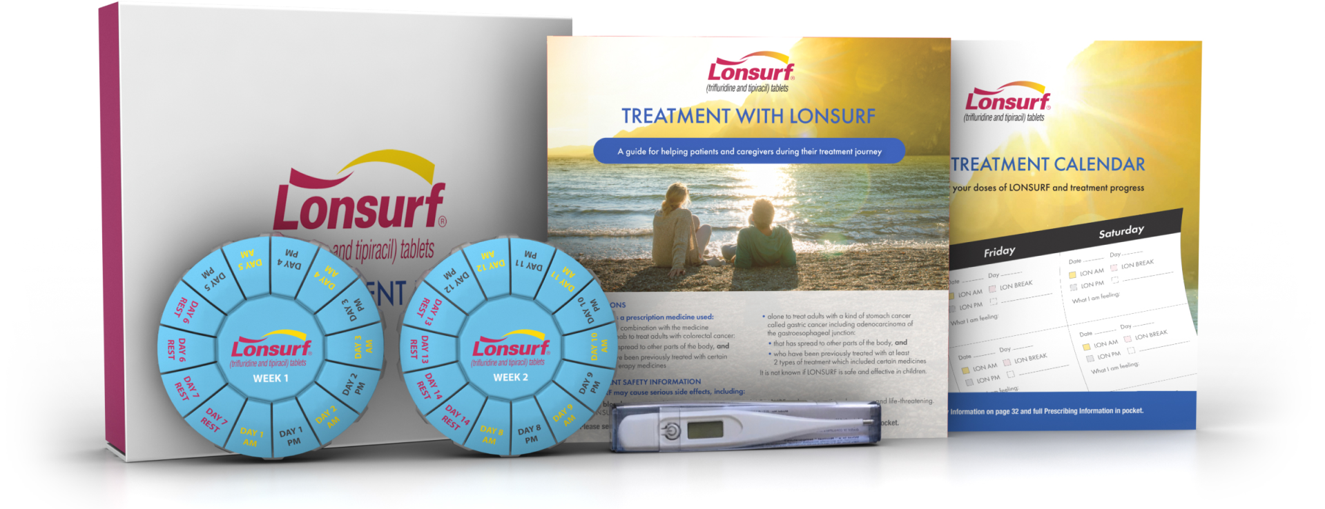 The LONSURF Patient Treatment Kit includes a patient and caregiver brochure, LONSURF treatment calendar, pill organizers, and a thermometer.